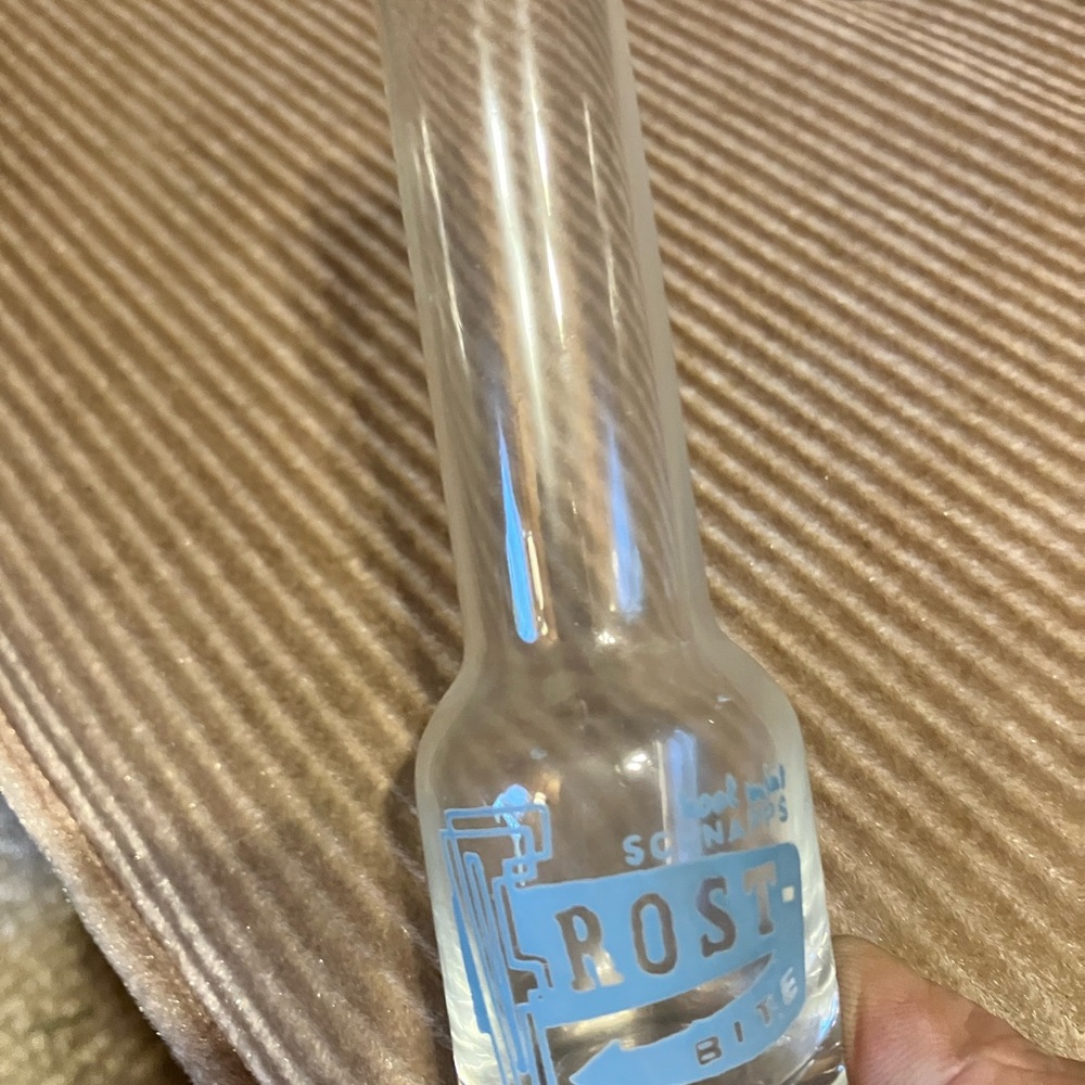 Frost Bite Glass Bottle with Blue Logo vintage collectibles 10 available @ $120